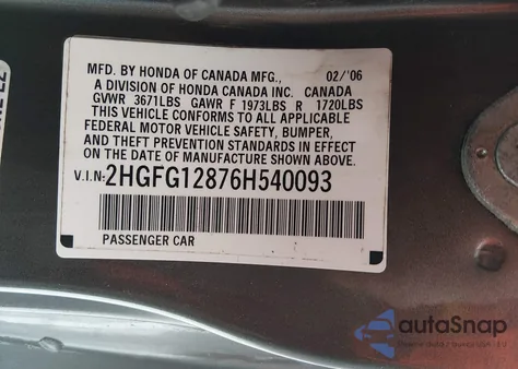 2006 Honda Civic Ex z USA, uszkodzony, nr VIN 2HGFG12876H540093